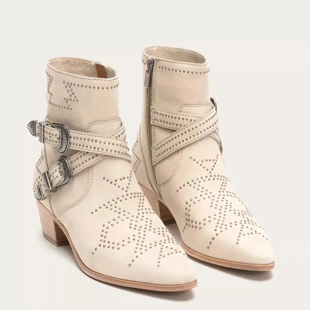 Frye Cream Western Ellen Deco Boots Sz 9 - Picture 2 of 9